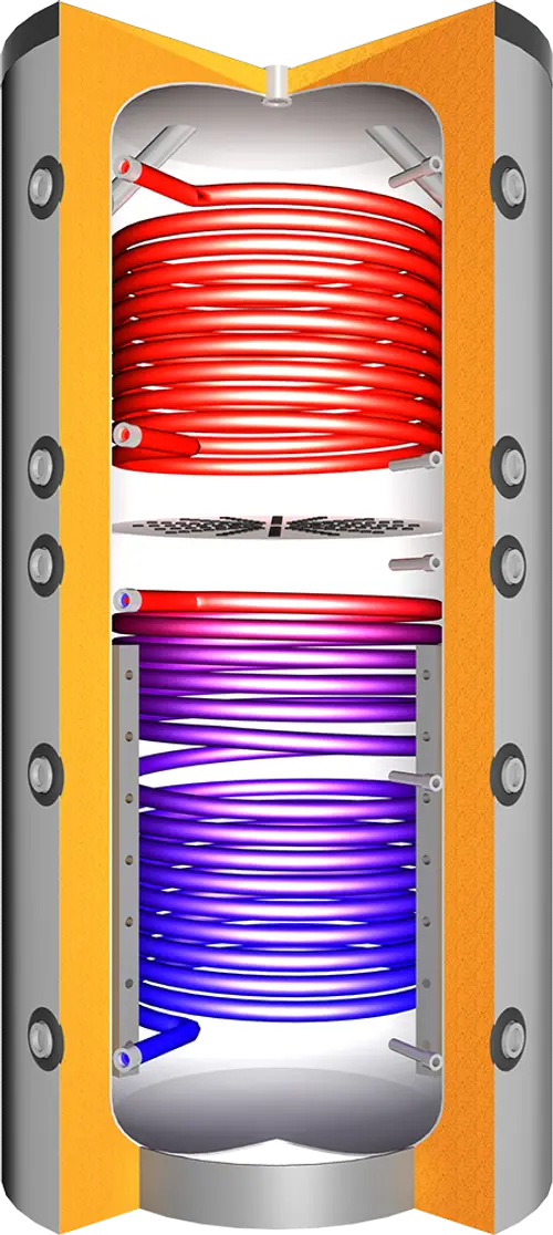Juratherm Pufferspeicher mit zwei Rohrschlangen in rot und blau, senkrecht angeordnet, für Solar- und Warmwasseranwendungen. Sichtbare Anschlussstellen und Isolierung.